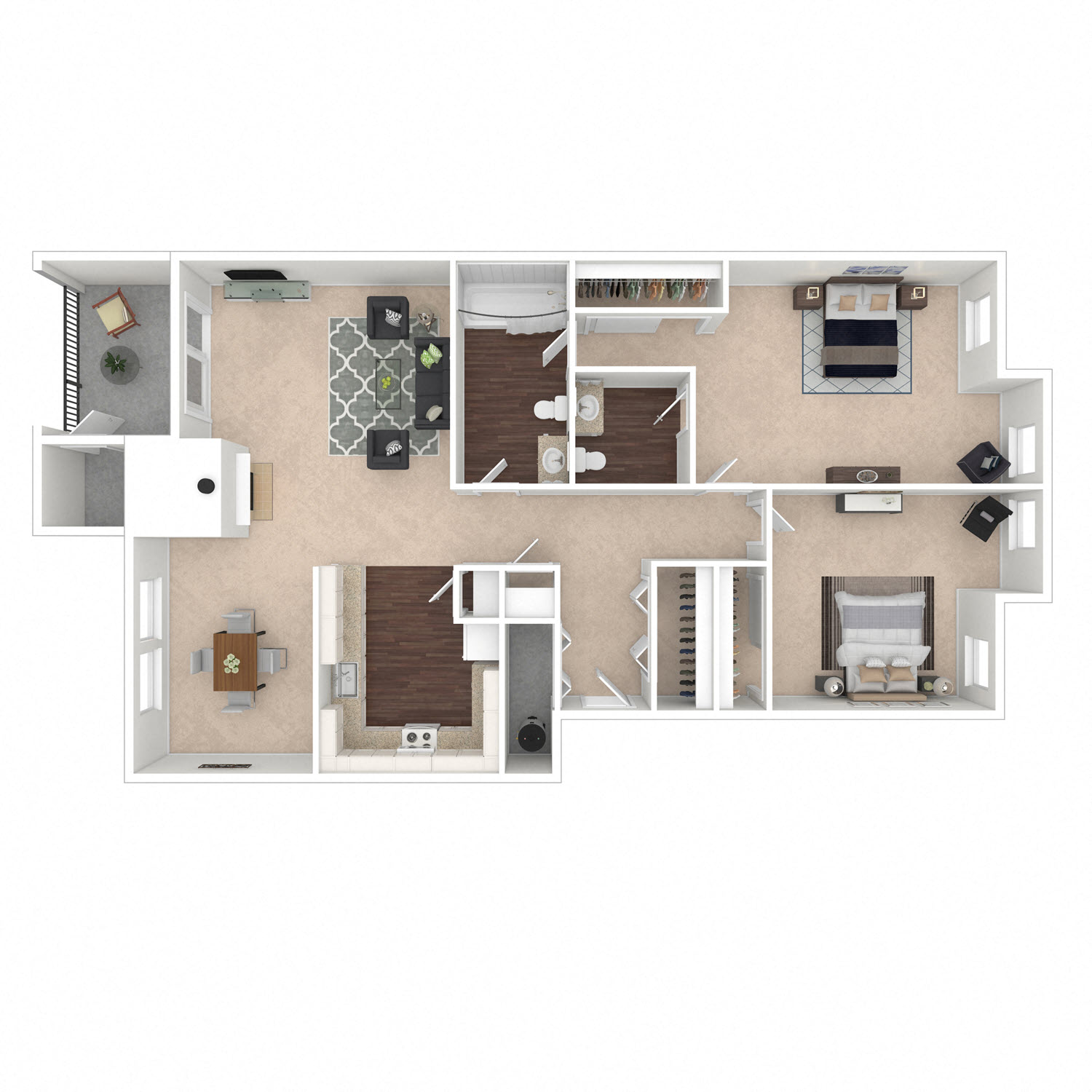 Floor plan for 2 beds, 1.5 baths, 905 sqft